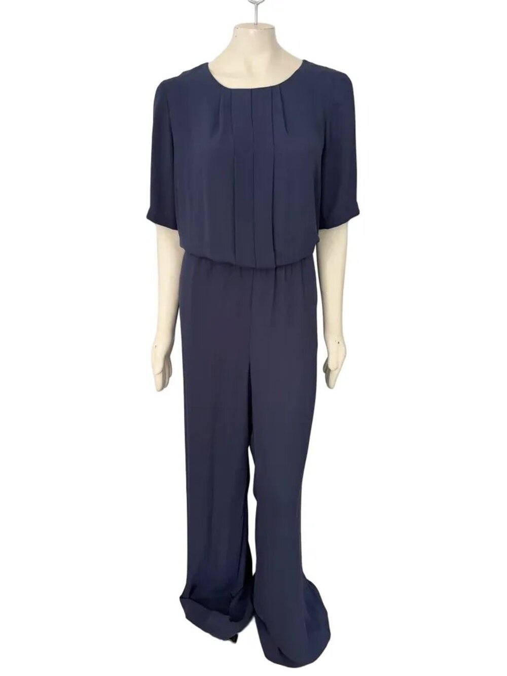 BCBGMaxAzria Maddison Open Back Wide Leg Chiffon Jumpsuit in Navy Blue  SZ L